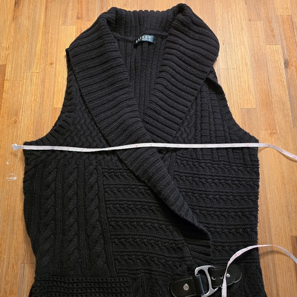 Lauren Ralph Lauren Black Chunky Cable Knit Equestrian Vest Bridle Detail - Picture 7 of 14
